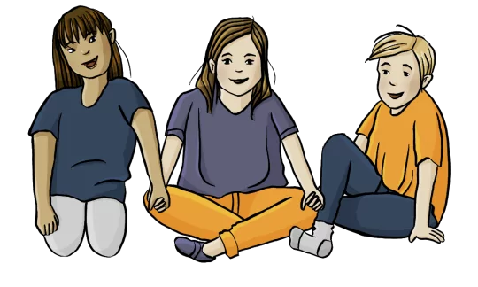 Illustration Drei Kinder mit verschiedenen Hautfarben sitzen nebeneinander und halten sich an den Händen. Ein Mädchen hat das Down-Syndrom.