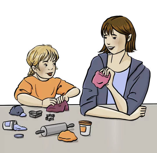 Eine Frau und ein Mädchen sitzen am Tisch und kneten. Auf dem Tisch sind Knetmasse, Becher und Ausstechförmchen.